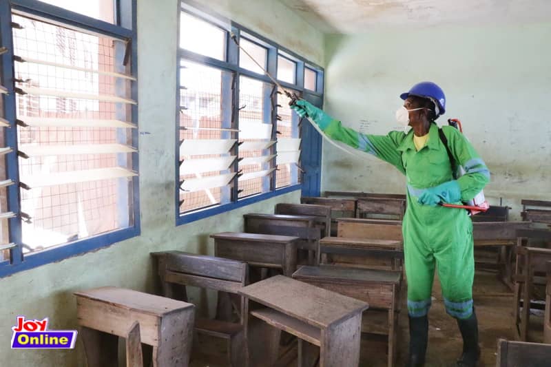 Photos of Takoradi ladies displaying their skills at schools disinfection exercise