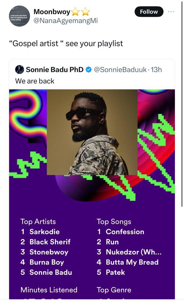 'Osofo dey listen worldly music?' - Sonnie Badu’s Spotify Wrapped gets social media talking