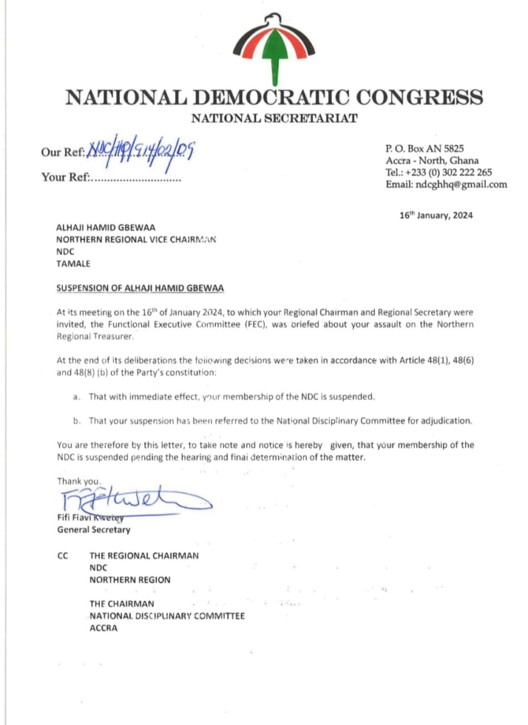 NDC suspends Northern Regional Vice Chairman over assault of Treasurer