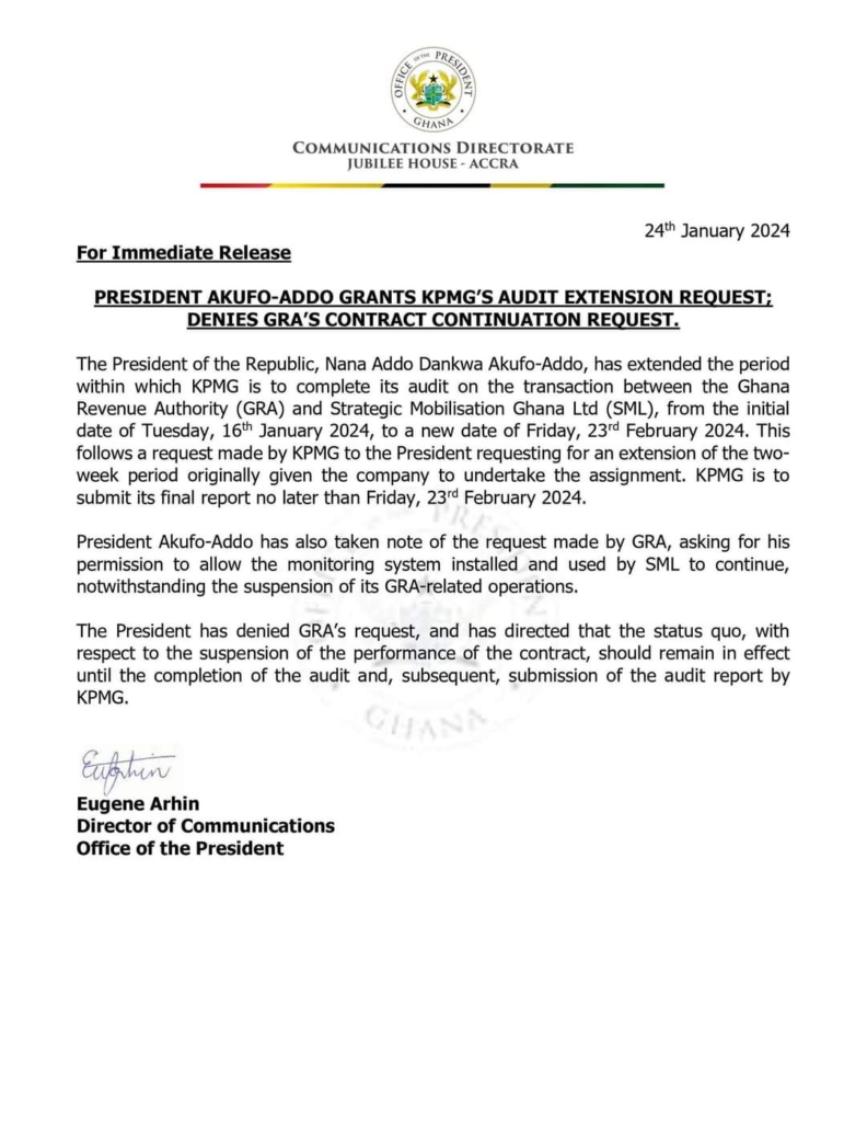 Akufo-Addo rejects GRA's request to continue SML monitoring amid probe