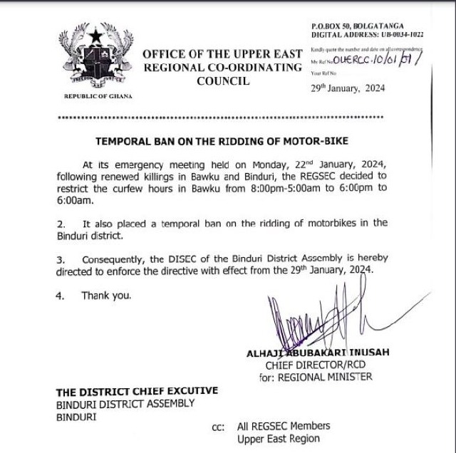Upper East Security Council bans motorcycle riding in Binduri