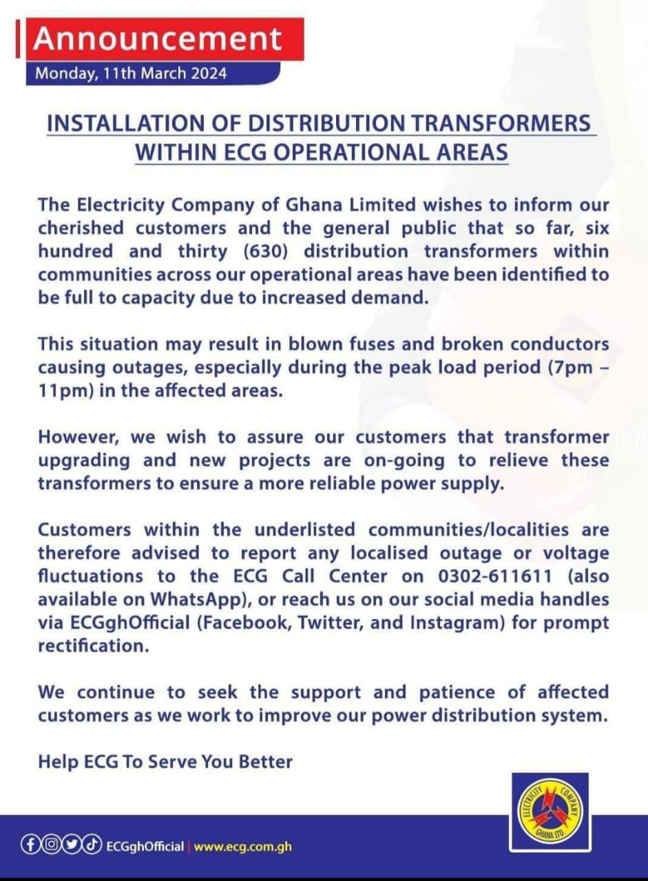 There may be power outages at peak periods - ECG explains why