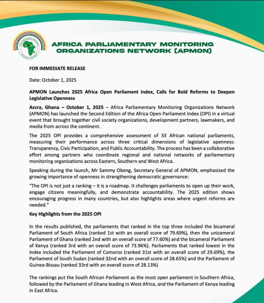 Parliament of Ghana maintains rank as most open in West Africa - OPI report