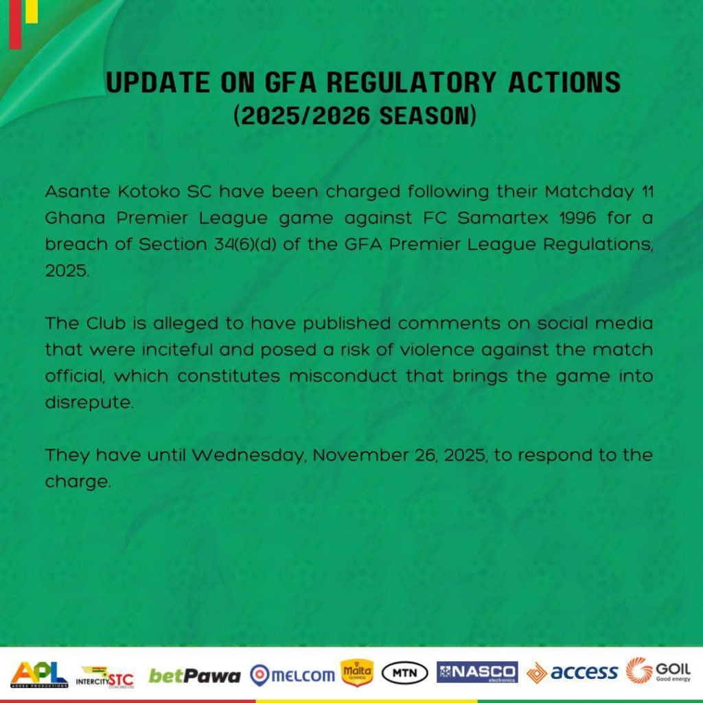 GFA charges Asante Kotoko for ‘inciteful’ social media comment