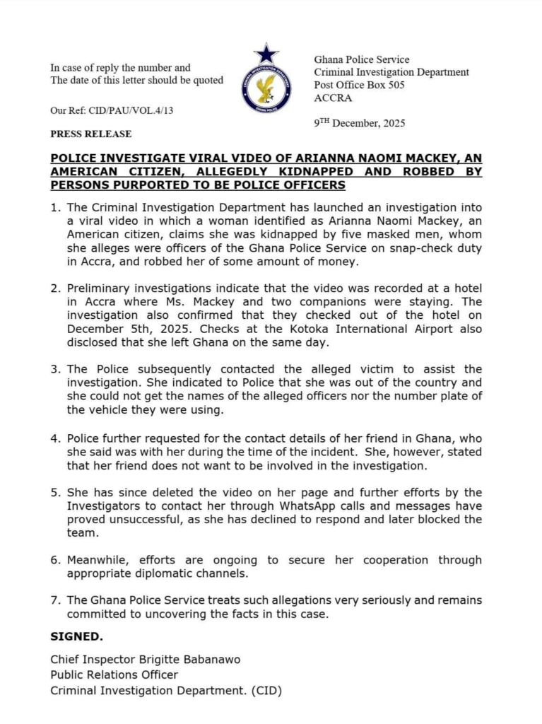 Police launch probe into viral kidnapping claim by American woman who has since left Ghana Police launch probe into viral kidnapping claim by American woman who has since left Ghana
