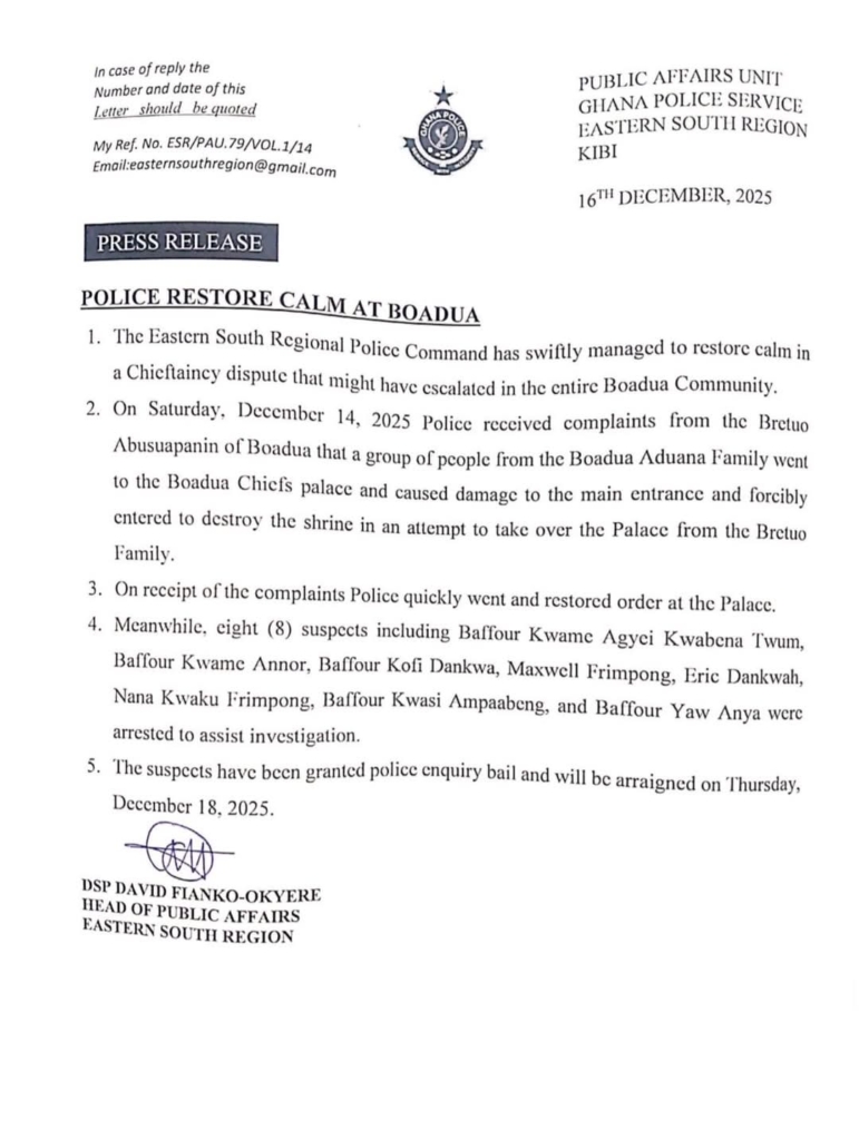 Police restore calm and make arrests following clash at Boadua palace Police restore calm and make arrests following clash at Boadua palace