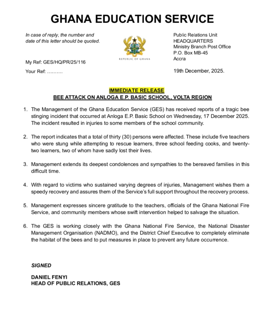 GES, NADMO move to prevent future bee attacks after Anloga school tragedy GES, NADMO move to prevent future bee attacks after Anloga school tragedy