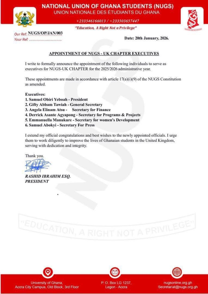 Obiri Yeboah Samuel appointed President of NUGS UK Chapter