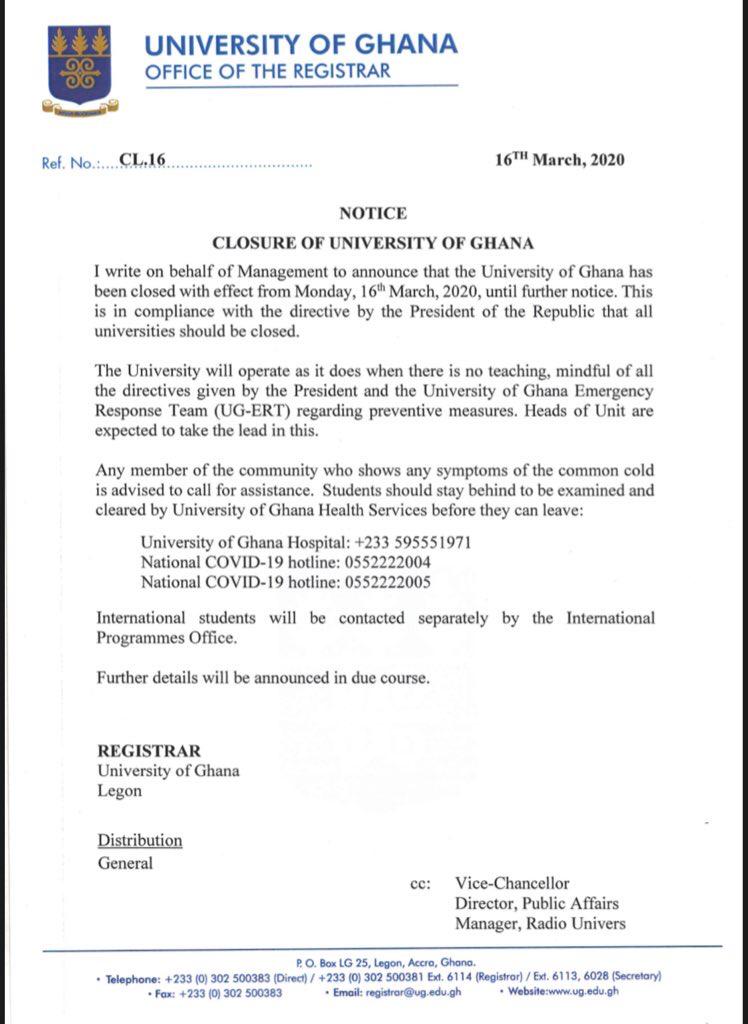 Coronavirus: All University of Ghana students to be screened before leaving campus