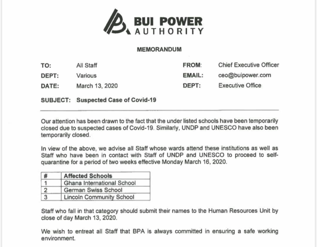 Coronavirus: Bui Power Authority asks staff to self-quarantine over recorded cases