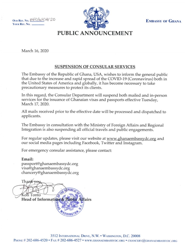 Ghana’s Embassy in USA suspends consular services