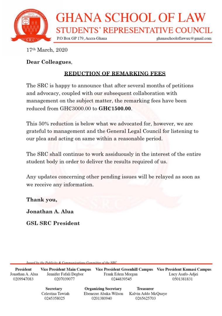 Remarking fees at Ghana School of Law slashed