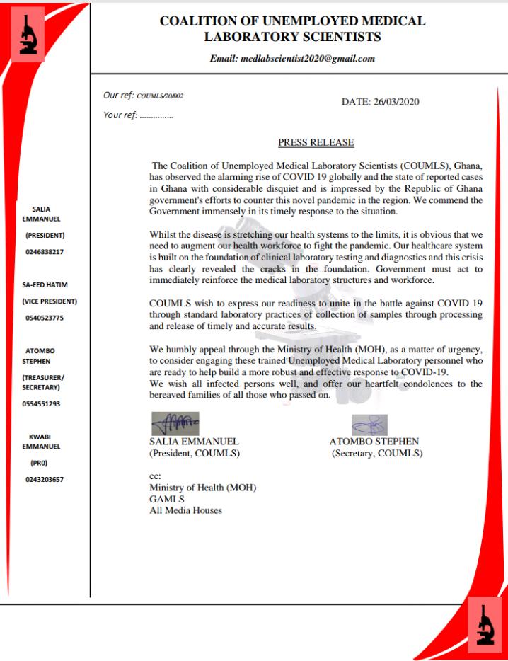 Coalition of Unemployed Medical Laboratory Scientists offer to support fight coronavirus Coalition of Unemployed Medical Laboratory Scientists offer to support fight coronavirus