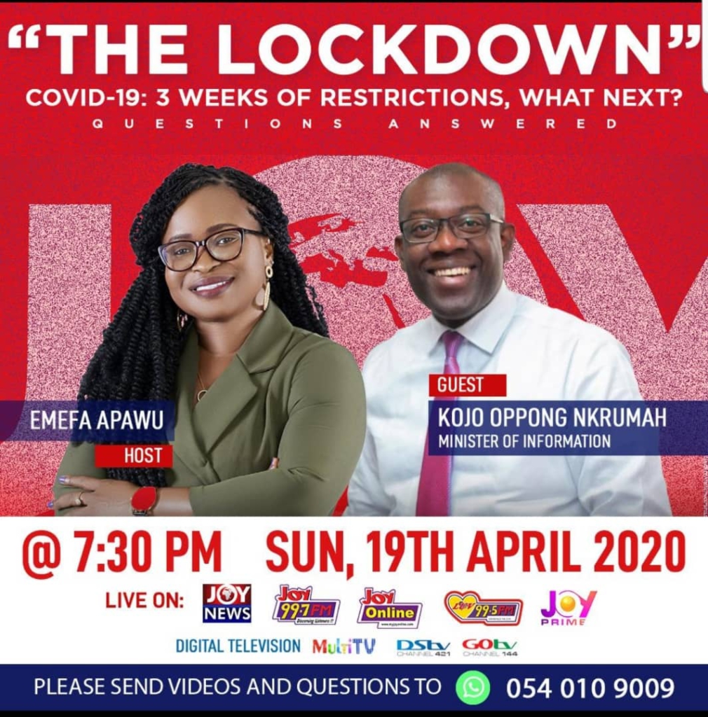 JoyNews TV to host Information Minister on ‘The Lockdown’ tonight