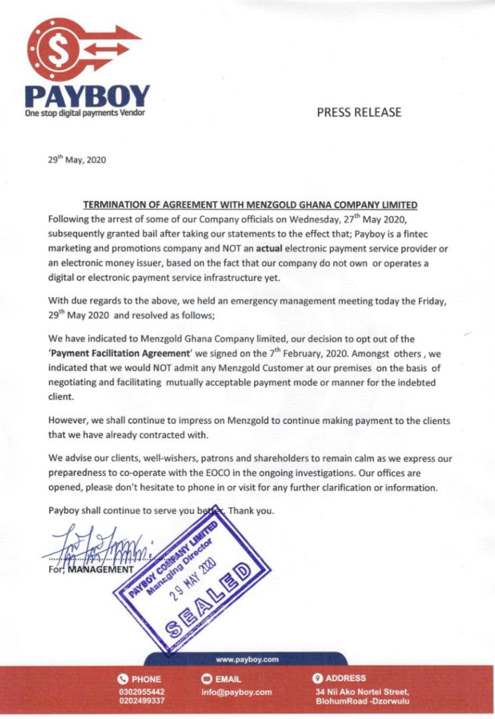 Payboy terminates contract with Menzgold following EOCO arrests