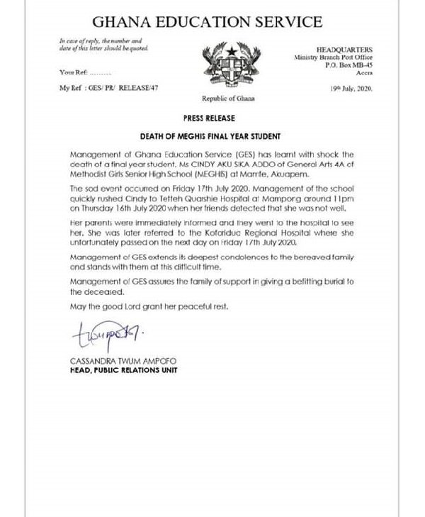 Final year student of Methodist Girls SHS dies after falling ill on campus