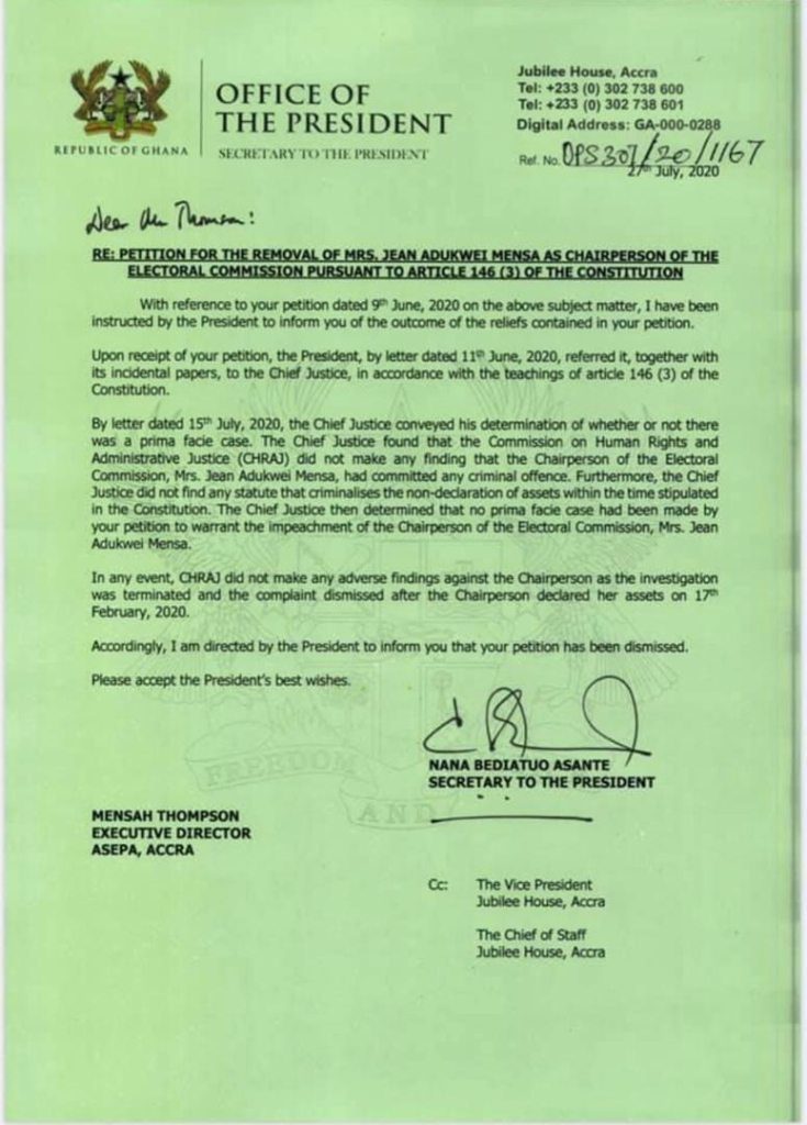 Akufo-Addo dismisses ASEPA’s petition to impeach EC Chair, Jean Mensa