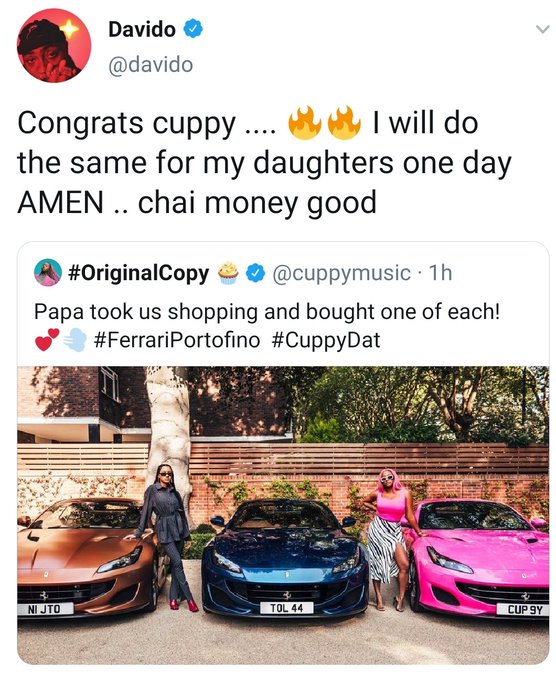 Davido reacts to Cuppy's Ferrari