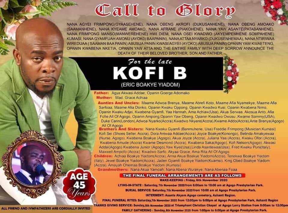 Kofi B's family announces date for his burial