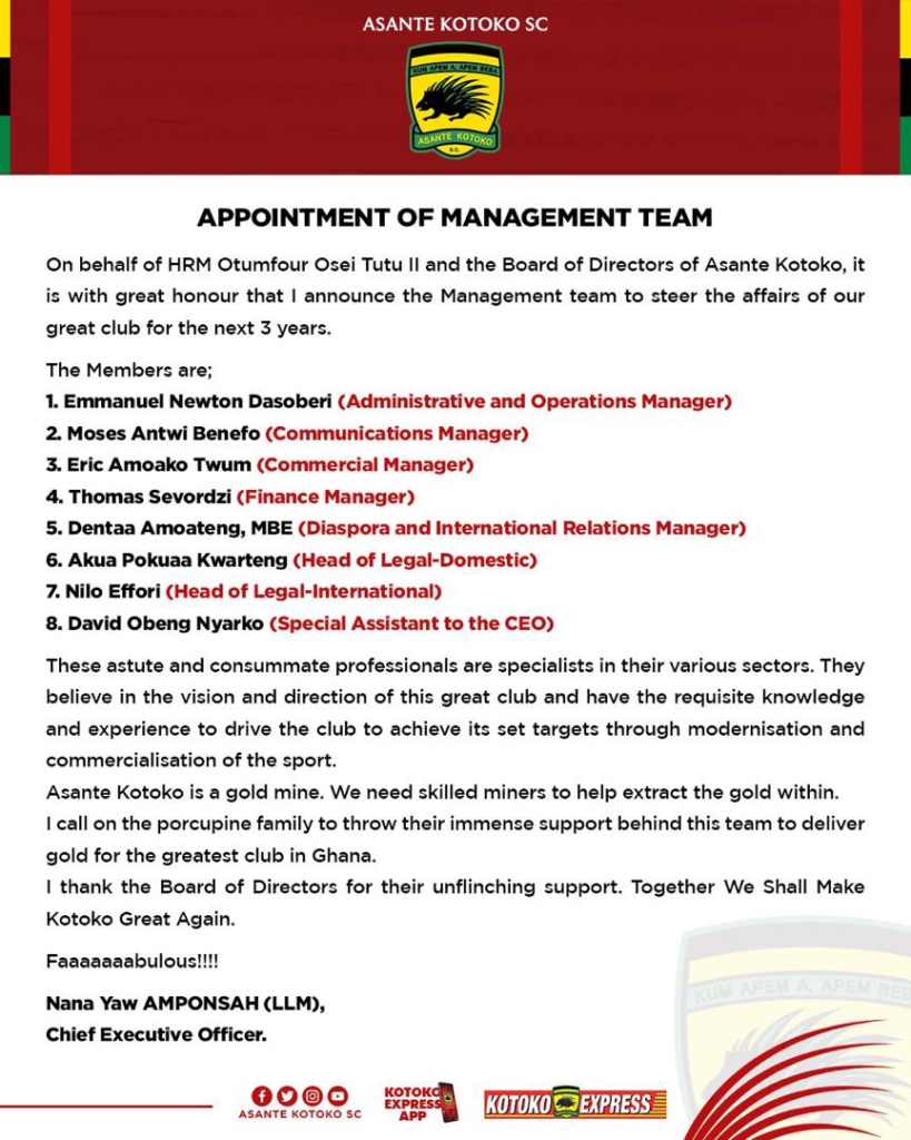 PJ Mosey, Dasoberi among 8 persons appointed onto Kotoko management