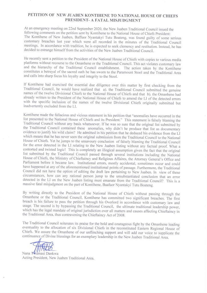 Kontihene's petition to National House of Chiefs a fatal misjudgment - New Juaben Traditional Council Kontihene's petition to National House of Chiefs a fatal misjudgment - New Juaben Traditional Council