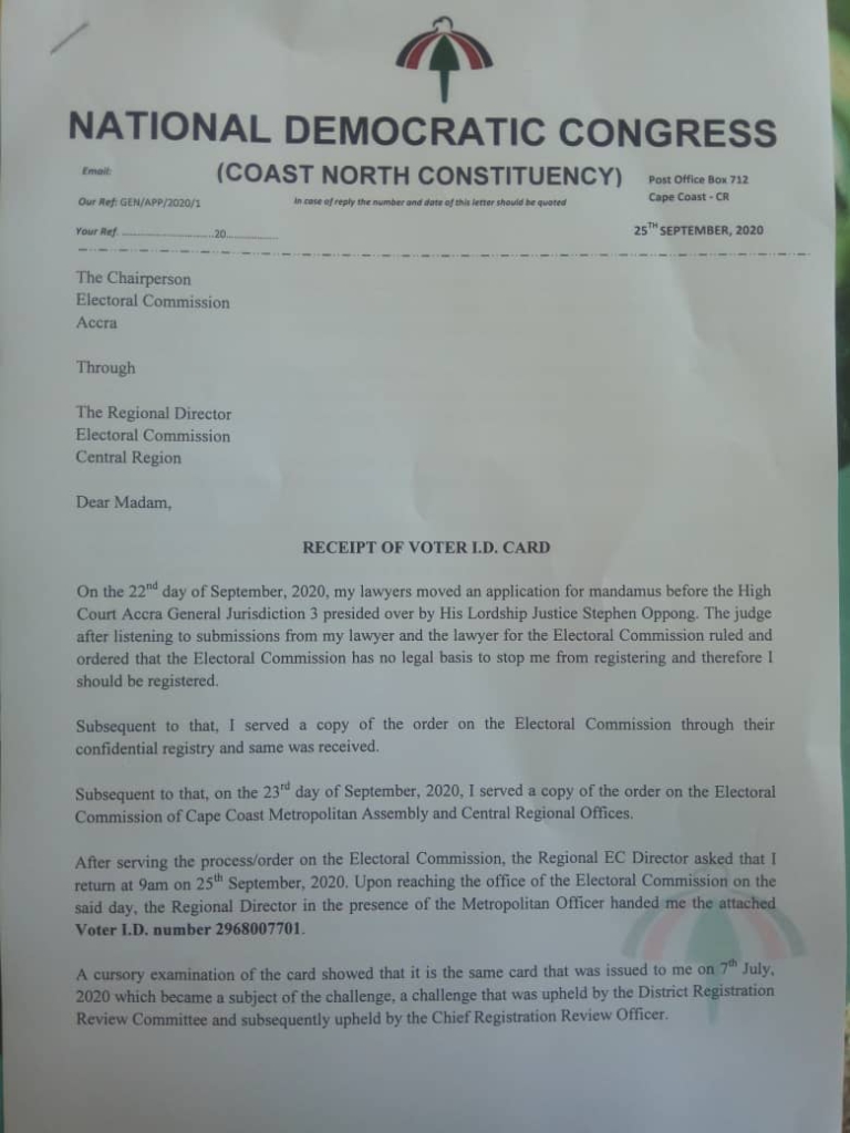 Cape Coast North Parliamentary aspirant rejects voters' card from Electoral Commission