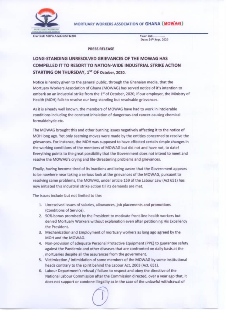 Mortuary workers declare nationwide strike effective October 1 Mortuary workers declare nationwide strike effective October 1