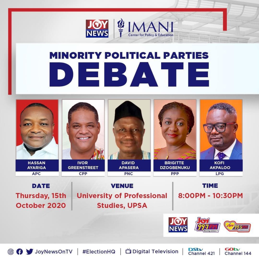 Coming up: All set for JoyNews-IMANI Africa Minority Political Parties Debate tonight
