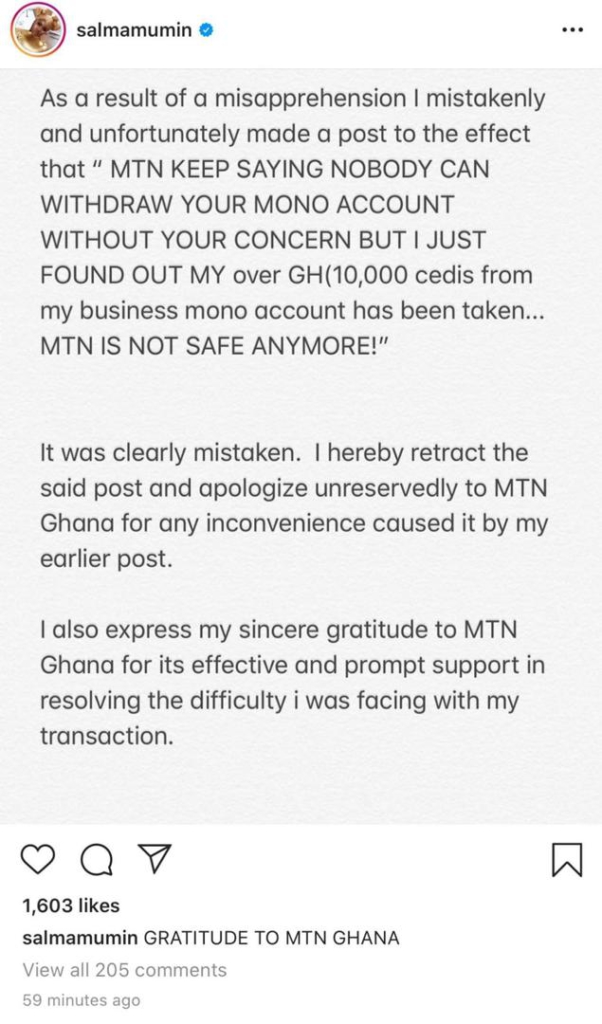 Salma Mumin apologises for misleading post about MTN MoMo