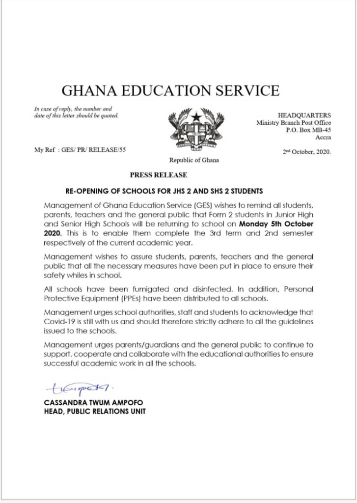 SHS 2, JHS 2 students to return to school on Monday - GES