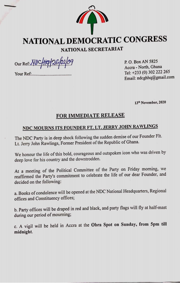 NDC to hold vigil in honor of Rawlings tonight