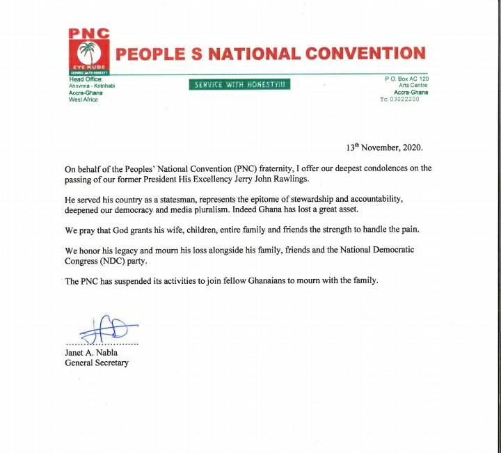PNC condoles with the Rawlings family, suspends campaign activities