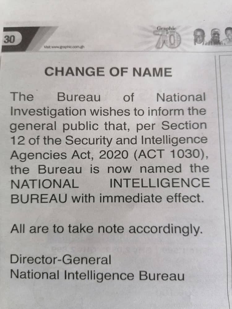 Bureau of National Investigation changes name to National Intelligence Bureau