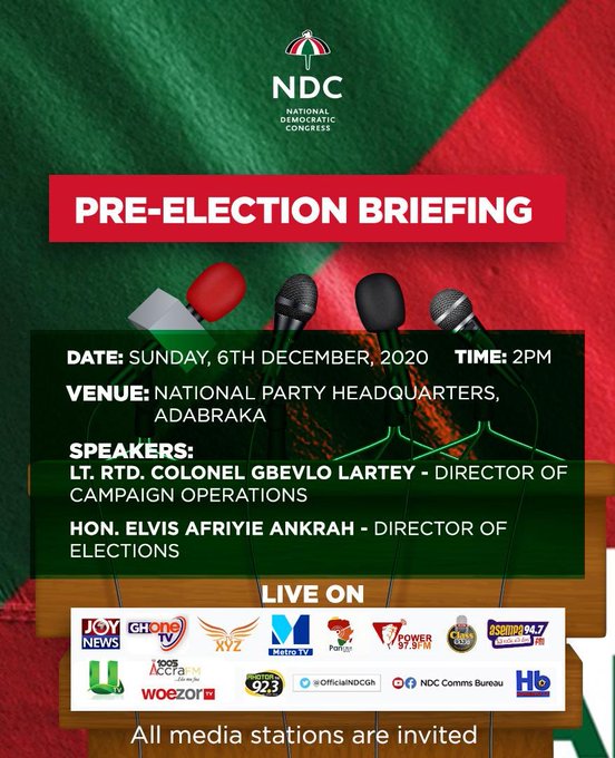 NDC to hold pre-election brief 24 hours to Dec. 7 polls