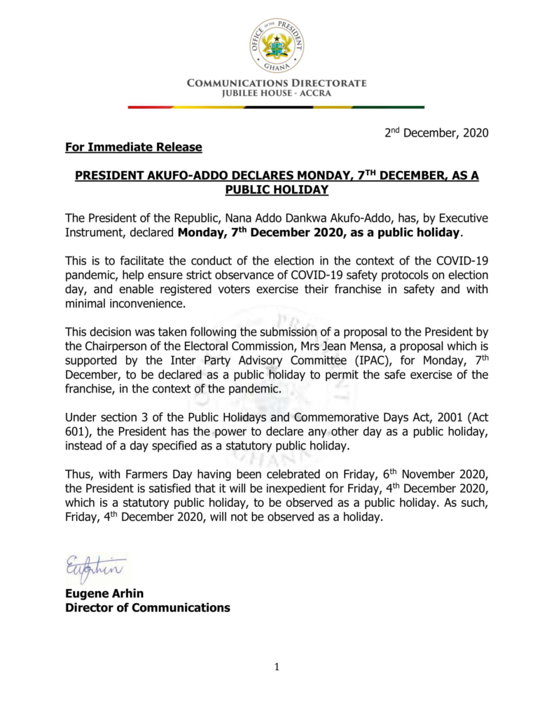 Akufo Addo Declares Monday December 7 As Public Holiday Todayonlinegh