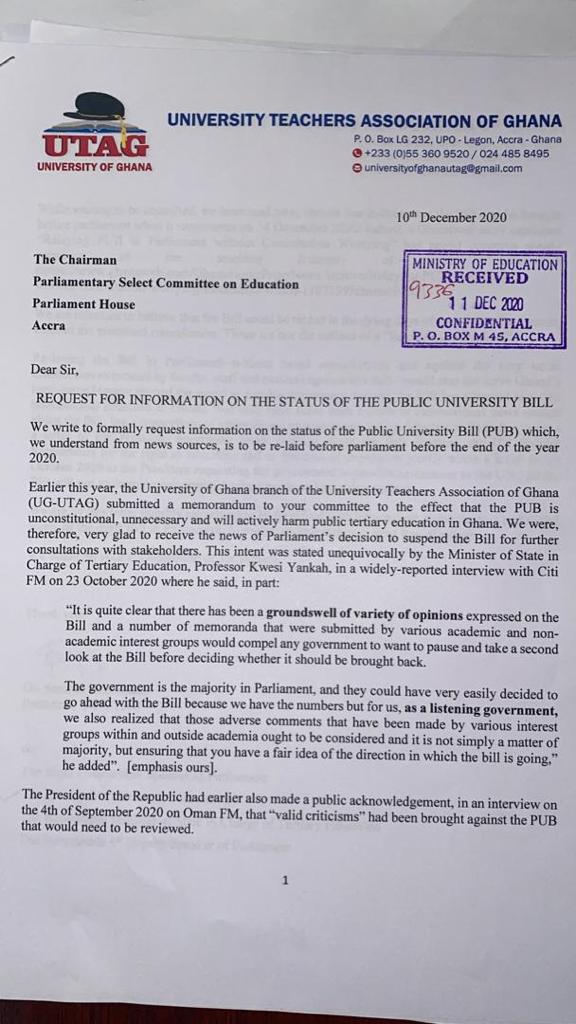 UG-UTAG requests status of Public Universities Bill re-laid before Parliament