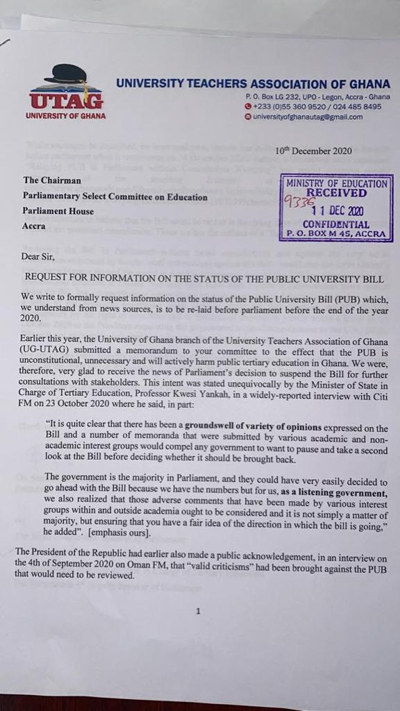 UG-UTAG requests status of Public Universities Bill re-laid before Parliament UG-UTAG requests status of Public Universities Bill re-laid before Parliament