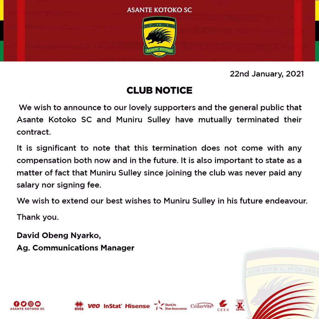 Asante Kotoko terminate Muniru Sulley's contract