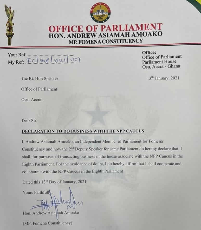 Fomena MP, Andrews Asiamah officially aligns with NPP side in Parliament