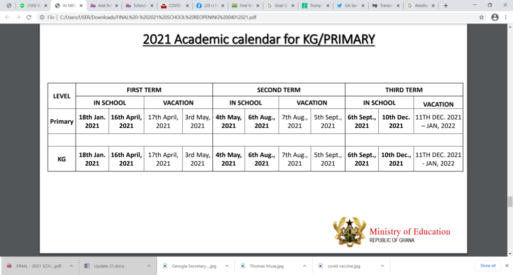 Full details of 2020/21 academic calendar for Kindergarten, Primary, JHS and SHS
