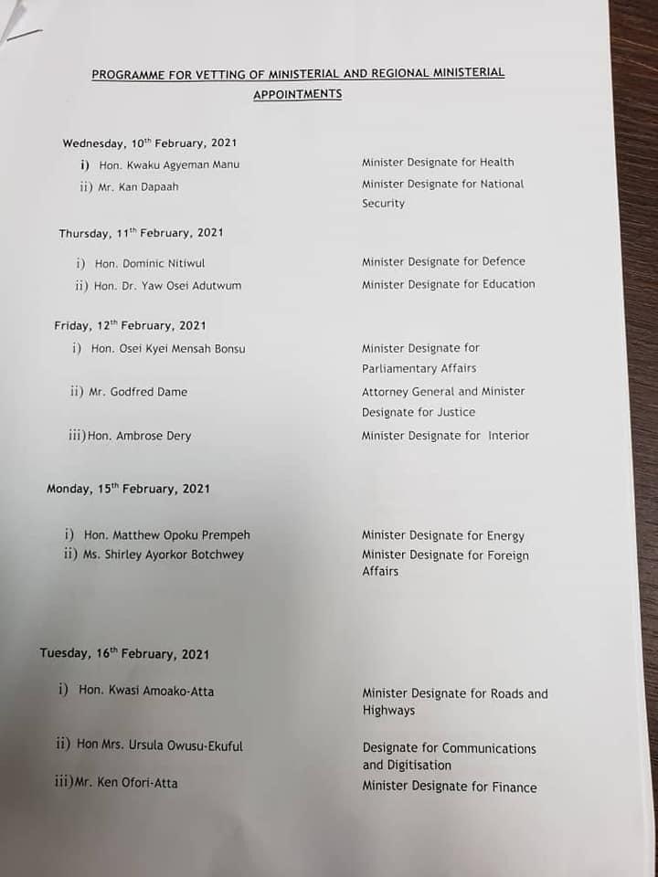 Parliament releases schedule for vetting of ministerial appointees