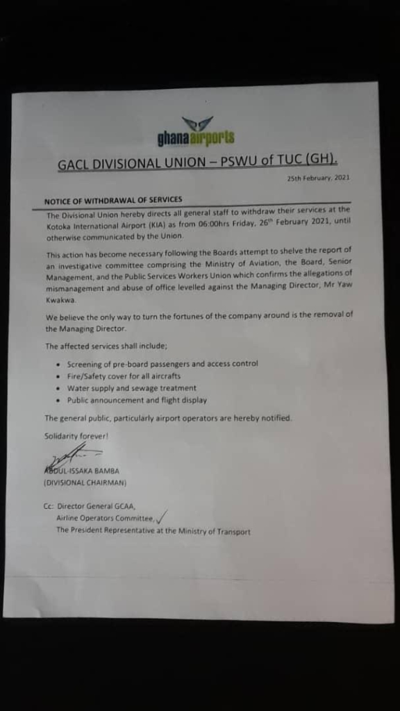 Union directs all general staff of Kotoka International Airport to withdraw services