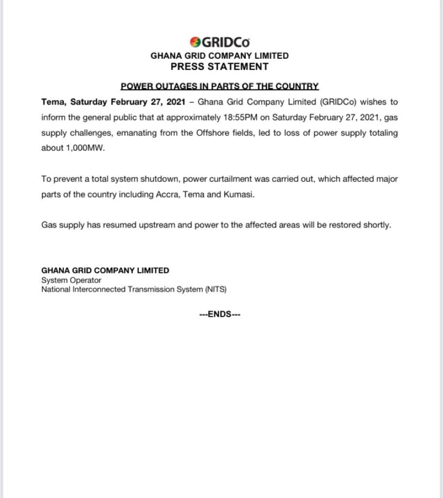 GRIDCo blames Saturday blackouts on gas supply challenges