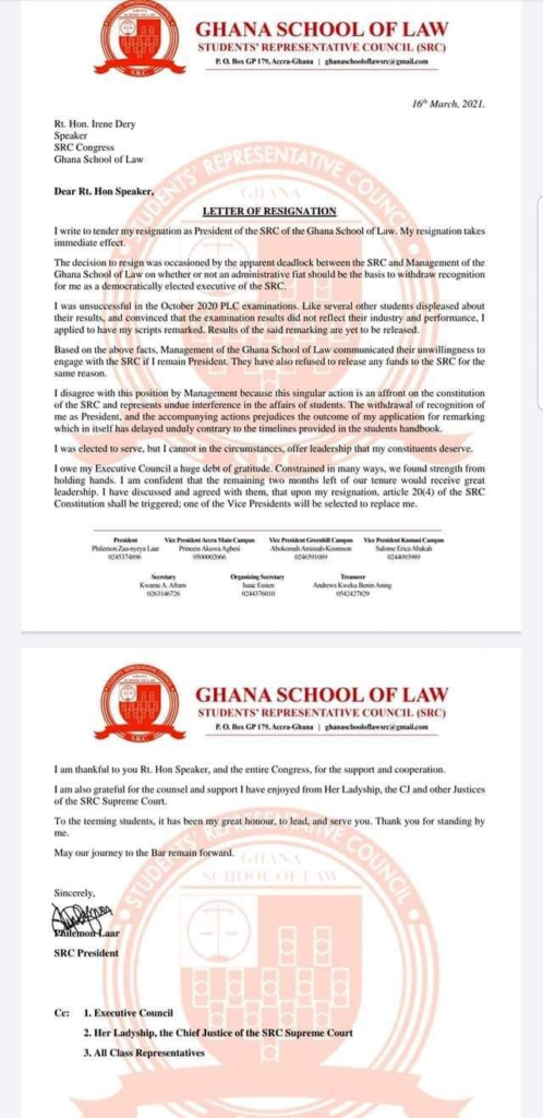 Ghana School of Law forces SRC president, Philemon Laar to resign after flunking exams