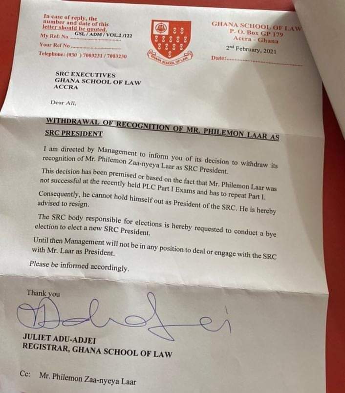 Ghana School of Law forces SRC president, Philemon Laar to resign after flunking exams