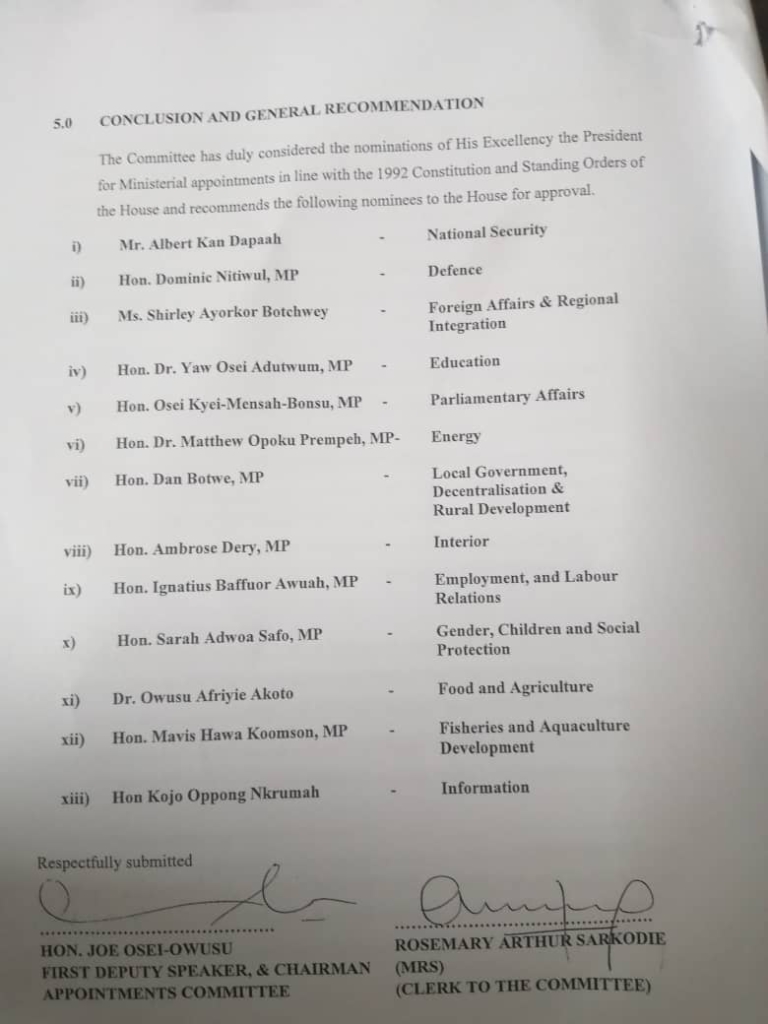 13 ministerial nominees recommended for Parliamentary approval; Hawa Koomson, Oppong Nkrumah included