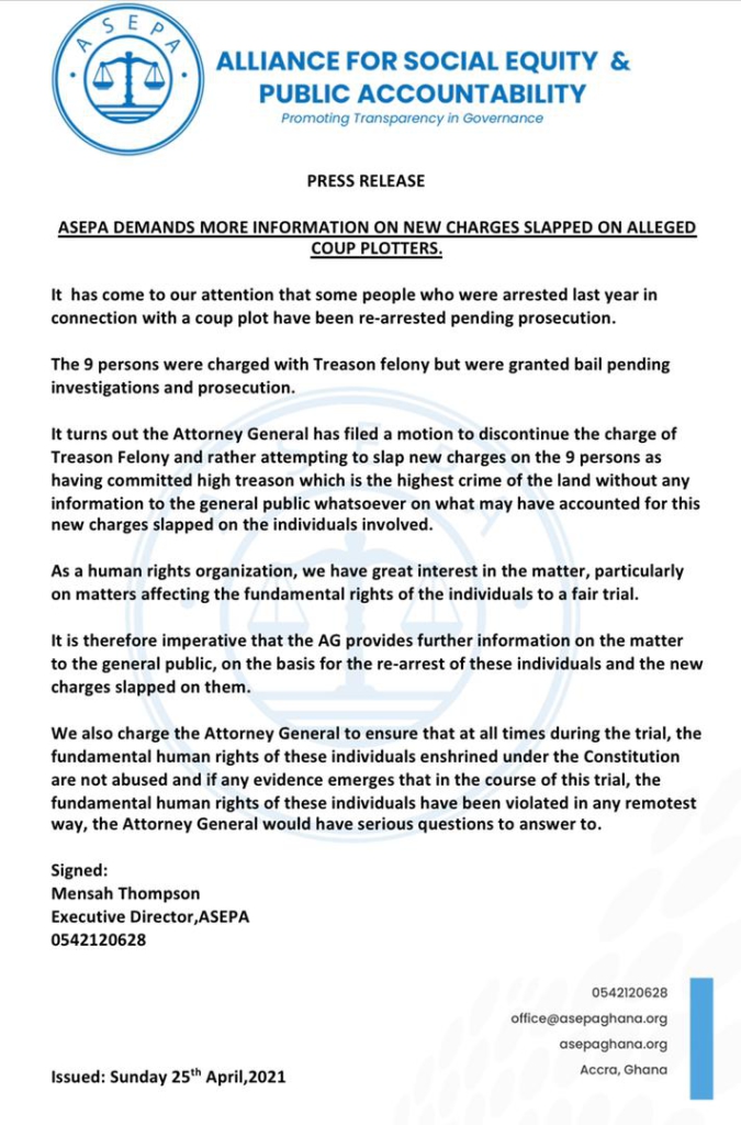 Explain basis of re-arrest, new charge slapped on Agordzo and 9 others - ASEPA to AG Explain basis of re-arrest, new charge slapped on Agordzo and 9 others - ASEPA to AG