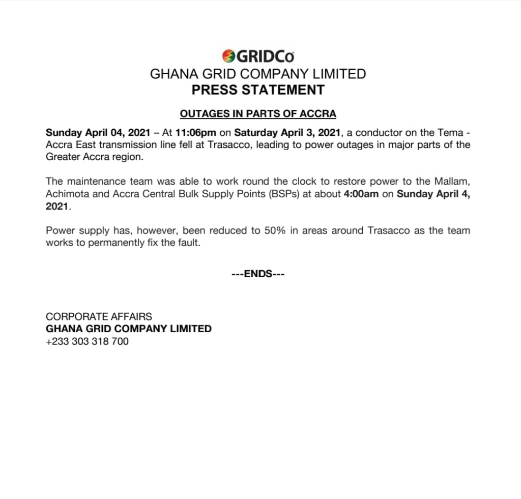 Fault on Tema-Accra East transmission line caused Saturday's power outage - GRIDCo