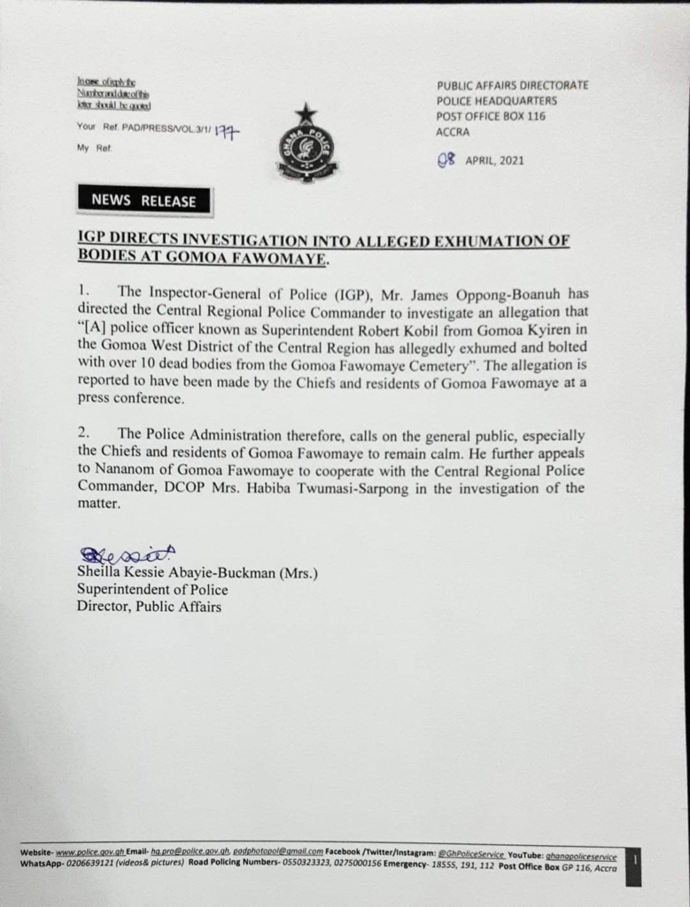 IGP directs investigation into alleged exhumation of bodies at Gomoa Fawomaye