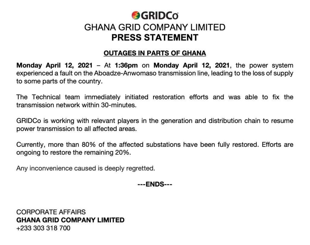 WhatsApp Image 2021 04 12 at 5.39.05 PM Faulty Transmission Line Interrupted Power Supply Leading To Monday's Nationwide 'Dumsor' – GRIDCo Explains In Statement